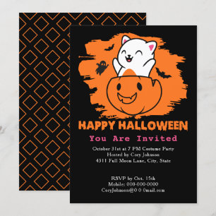 Invitación Gato de Halloween en calabaza, fantasma golpea a N