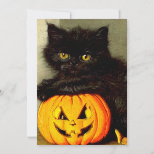 Invitación Gato de Halloween vintage y linterna de Jack-o