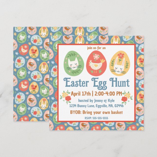 Invitación Gato de Huevo de Pascua, Conejo, Pascua de Chick (Anverso / Reverso)
