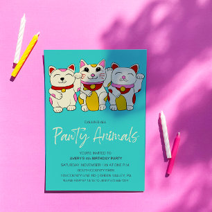 Invitación Gato de la Suerte Japonés Maneki Neko Agitando Cum