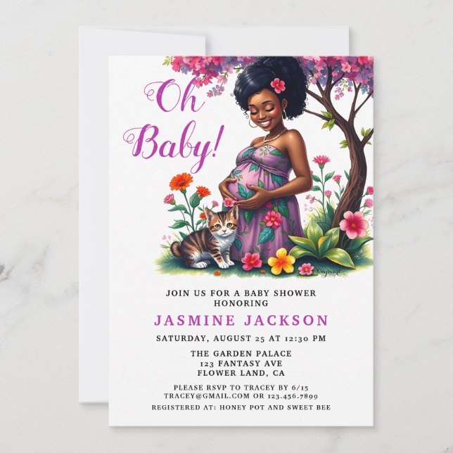 Invitación Gato de mamá embarazada Floral Purple Baby Shower (Anverso)