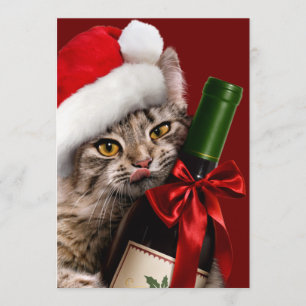 Invitación Gato de Navidad con Botella de Vino