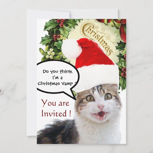 Invitación GATO DE navidades CON PARTIDO FESTIVAL GORRA SANTA (Anverso)