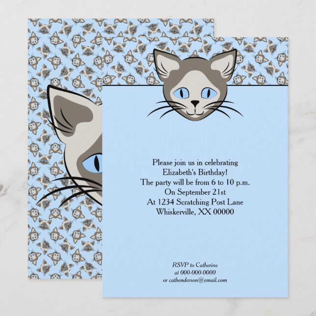 Invitación Gato de ojos azules siamés enfrenta patrón de arte (Anverso / Reverso)