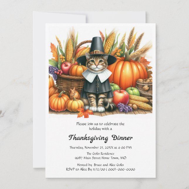 Invitación Gato de peregrino y calabazas de acción de gracias (Anverso)