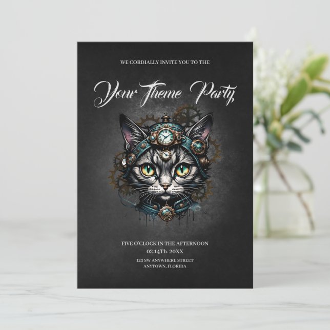 Invitación Gato de vapor con relojes y marchas. (Anverso de pie)