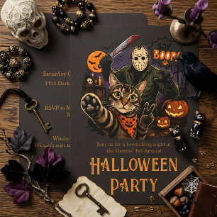 Invitación Gato Divertido y Jason Voorhees Dicen Boop! Hallow