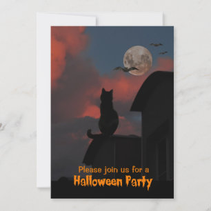 Invitación Gato en el techo con una luna llena Halloween