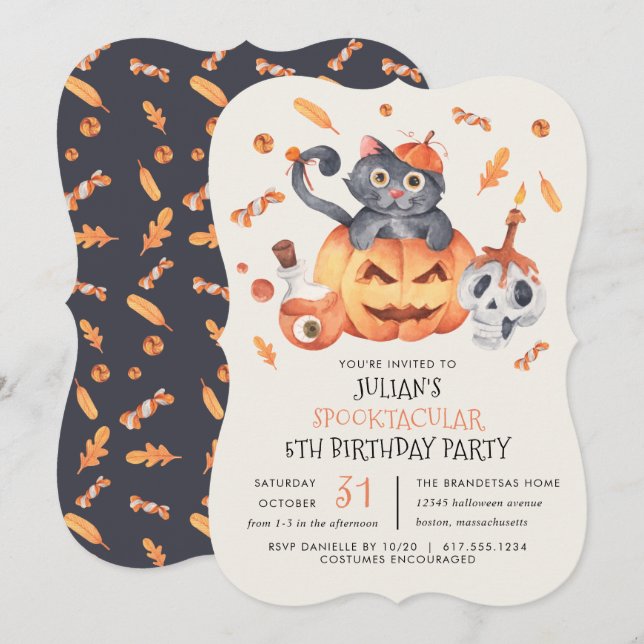 Invitación Gato en la fiesta de cumpleaños de Halloween (Anverso / Reverso)