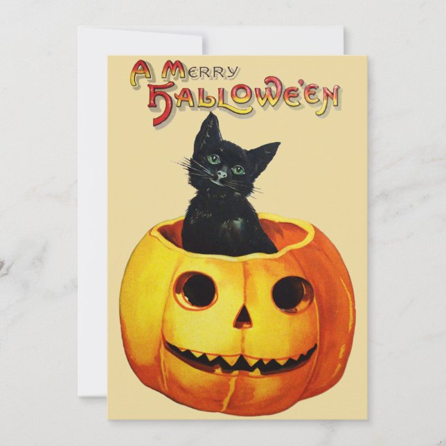 Invitación Gato en la fiesta de Halloween de calabaza (Anverso)