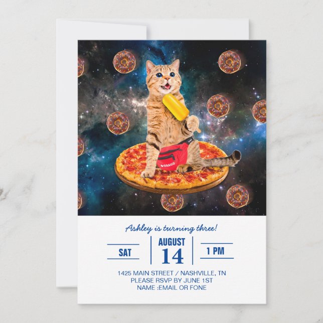 Invitación Gato en una pizza comiendo helado (Anverso)