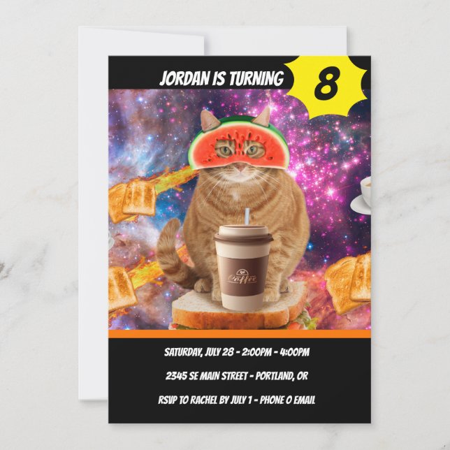 Invitación Gato espacial con gafas de sandía (Anverso)