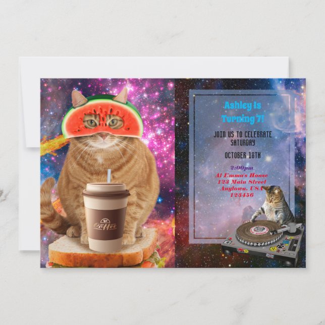 Invitación Gato espacial con gafas de sandía (Anverso)