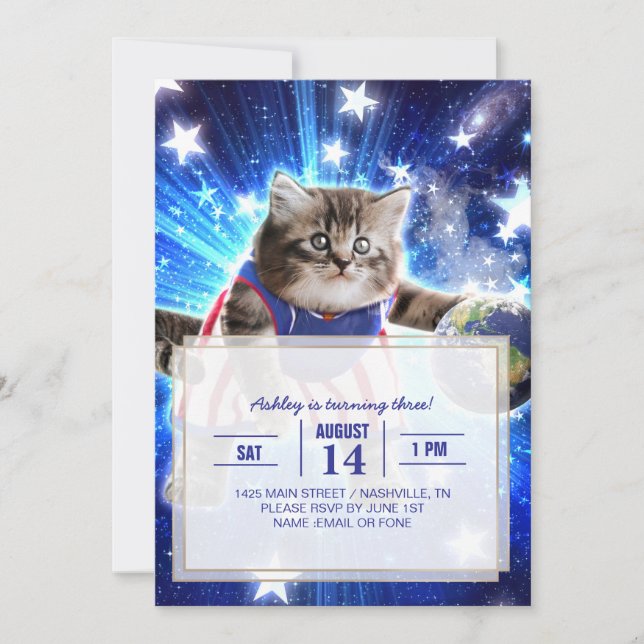 Invitación Gato espacial jugando al baloncesto (Anverso)
