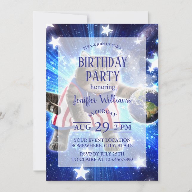 Invitación Gato espacial jugando al baloncesto (Anverso)