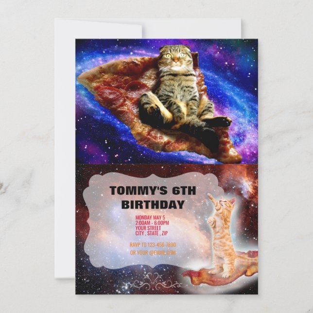 Invitación Gato espacial tirado en una pizza (Anverso)