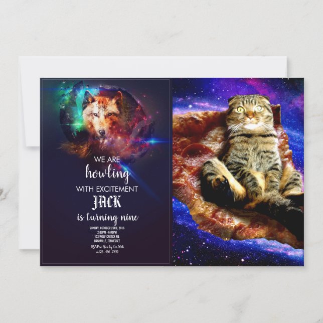 Invitación Gato espacial tirado en una pizza (Anverso)
