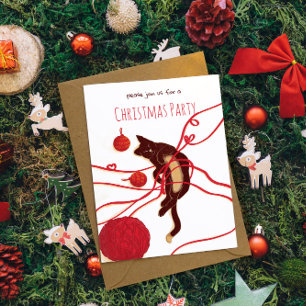 Invitación Gato Feliz Navidad - Gato Juguetón con Cintas Roja