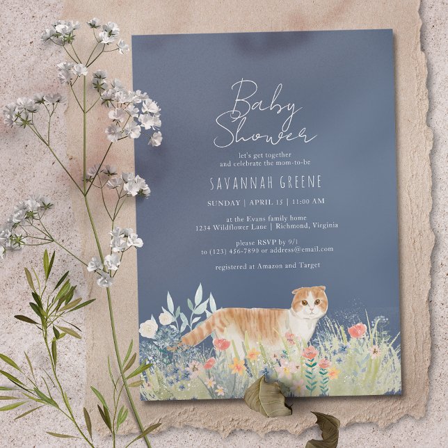 Invitación Gato floral | Azul marino oscuro | Baby Shower neu (Subido por el creador)