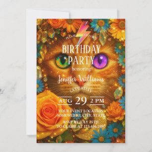 Invitación Gato Floral Soñador con Ojos de Arcoíris Místico