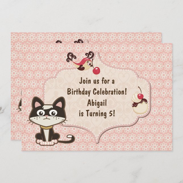 Invitación Gato gatito blanco y negro en cumpleaños rosado (Anverso / Reverso)