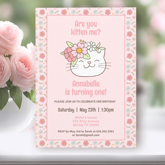Invitación Gato gatito gatito gatito Chica rosado primer cump (Kitten Kitty Cat Pink Girl 1st Birthday Invitation)