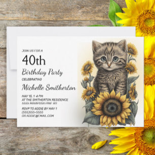 Invitación Gato gatito tabby gris girasoles 40 cumpleaños