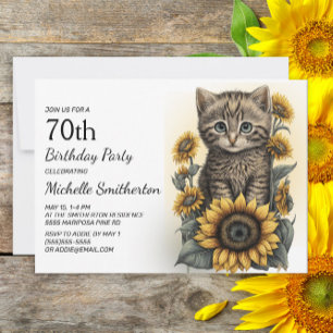 Invitación Gato Gatito Tabby Gris Girasoles 70 Cumpleaños