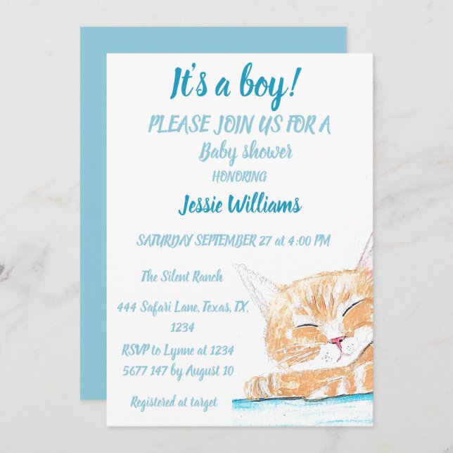 Invitación Gato Gato Gatito Gatito Gatito Azul Niño Bebé (Anverso / Reverso)
