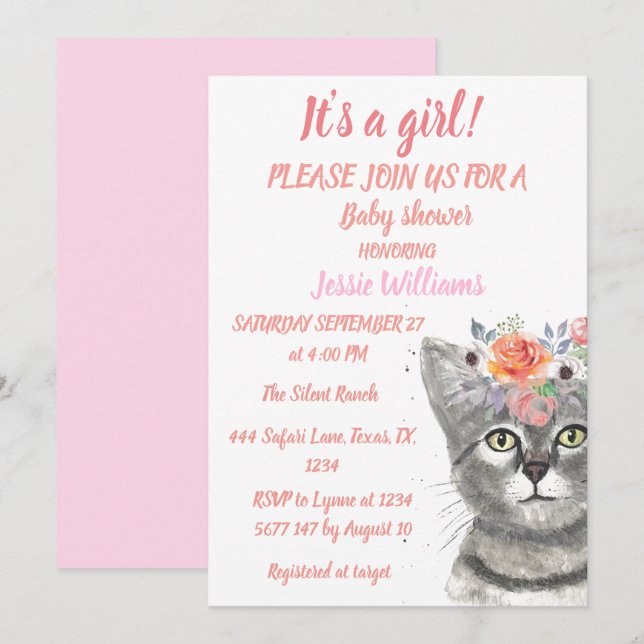 Invitación Gato Gato Gatito Gatito Gatito Gatito Bebé Flor Ro (Anverso / Reverso)
