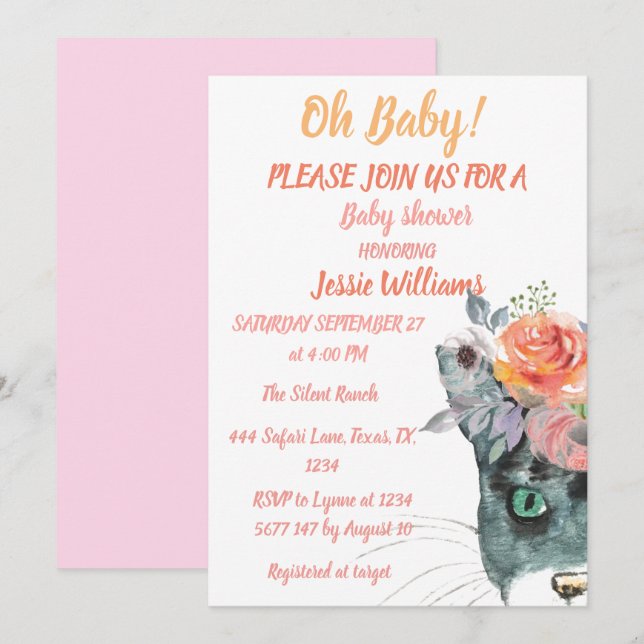 Invitación Gato Gato Gatito Gatito Gatito Gatito Pink Flor Be (Anverso / Reverso)