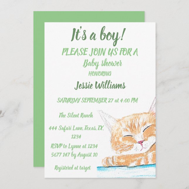 Invitación Gato Gato Gatito Gatito Gatito Niño Bebé Verde (Anverso / Reverso)