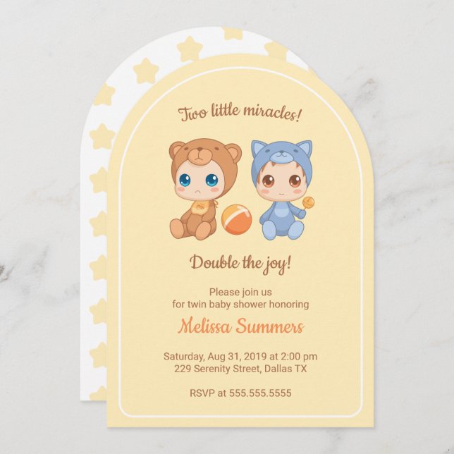 Invitación Gato gemelo Género  Baby Shower neutro Amarillo (Anverso / Reverso)