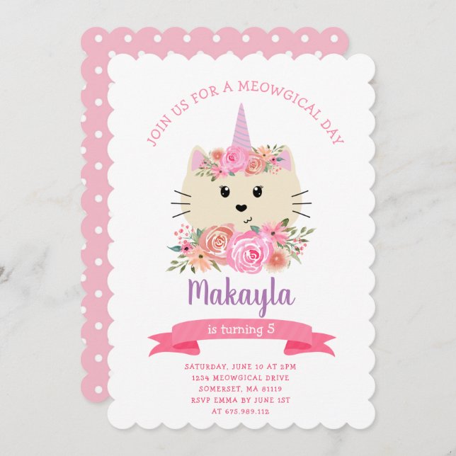 Invitación Gato Girly Unicornio Caticorn Meowgical 1er cumple (Anverso / Reverso)
