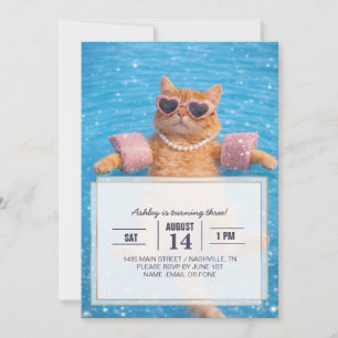 Invitación Gato Glamuroso junto a la Piscina Flotando con Est