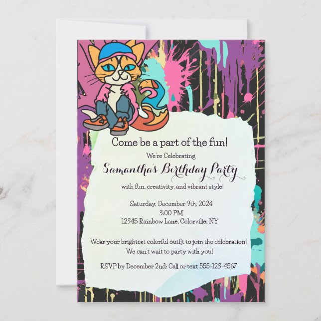 Invitación Gato, gorro y zapatillas retro en la calle | Diver (Anverso)