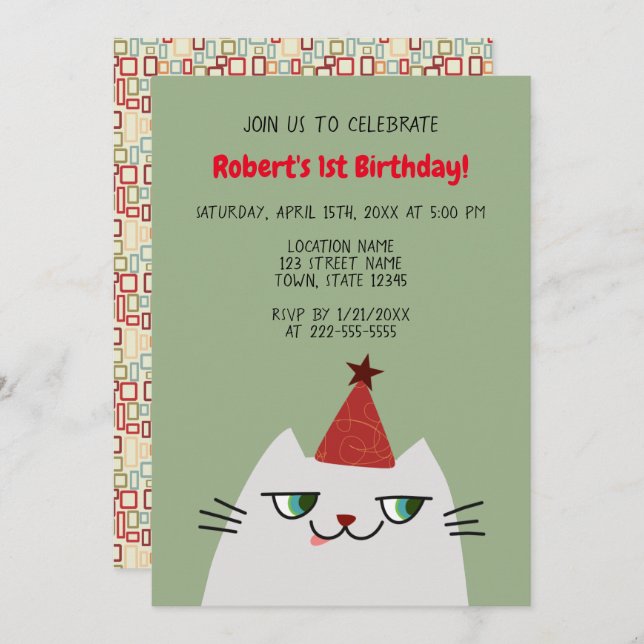 Invitación Gato gris lindo primer cumpleaños (Anverso / Reverso)