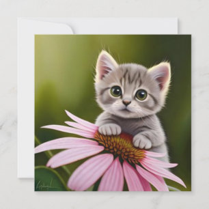 Invitación Gato gris pequeñito floral adorable