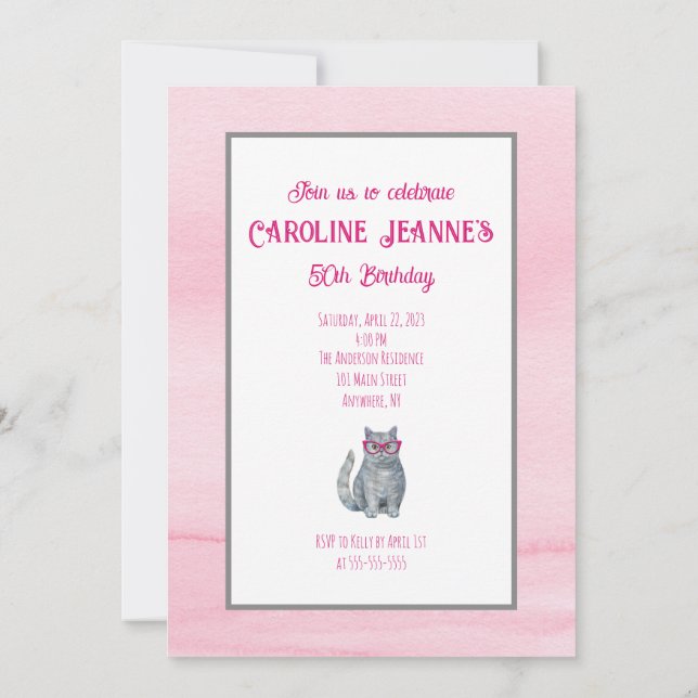 Invitación Gato gris, rosa brillante, 50 y fabuloso, cumpleañ (Reverso)