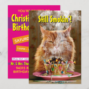 Invitación Gato gruñón divertido con pastelito de cumpleaños 