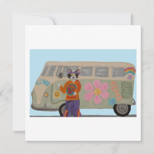Invitación Gato Hippie de Esmoquin con Furgoneta de Niño Flor