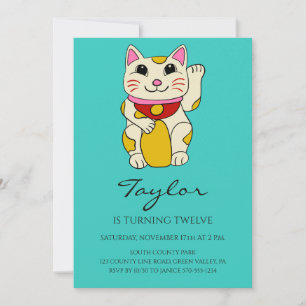 Invitación Gato Japonés Maneki Neko Agitando Cumpleaños
