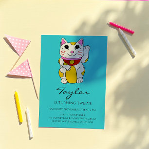Invitación Gato Japonés Maneki Neko Agitando Cumpleaños