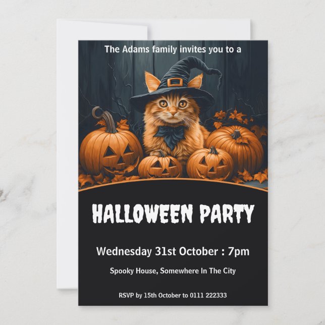 Invitación Gato jengibre con calabazas fiesta de Halloween (Anverso)