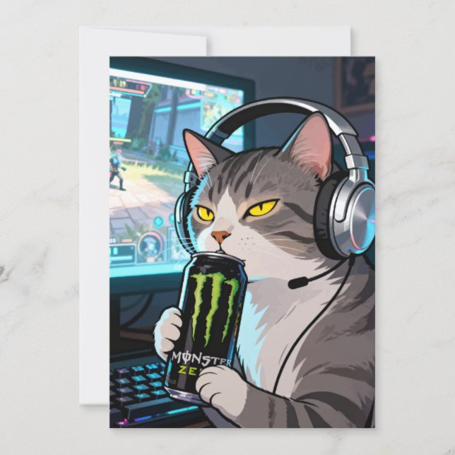 Invitación Gato jugador con Monster Energy D (Anverso)