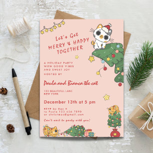 Invitación Gato Kawaii Lindo y árbol de Navidad