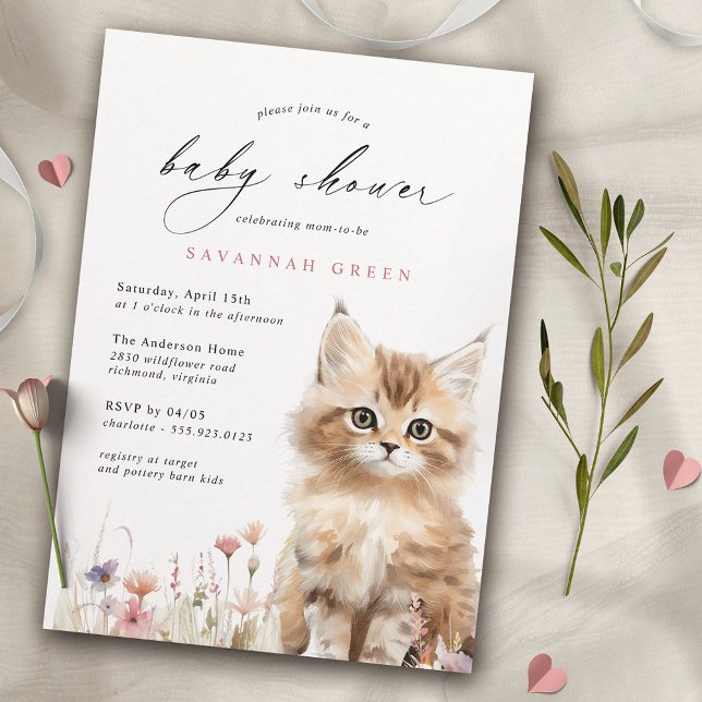 Invitación Gato Kitty | Baby Shower Airly Floral Spring (Subido por el creador)