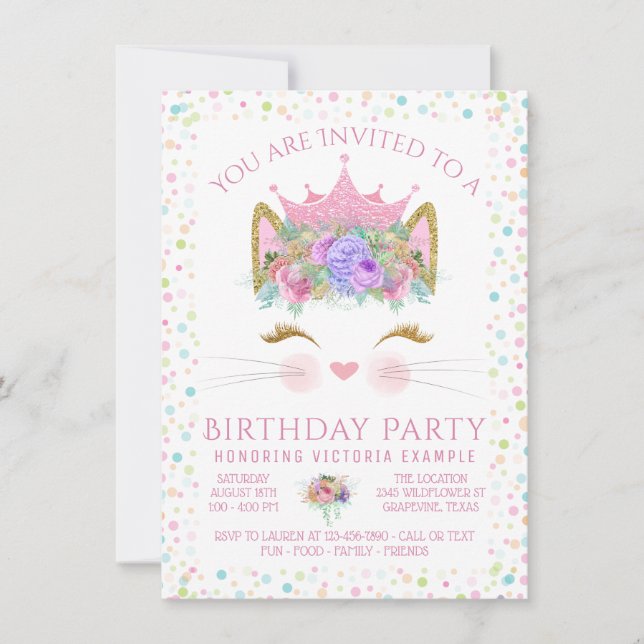 Invitación Gato Kitty Chicas Confetti Cualquier fiesta de cum (Anverso)