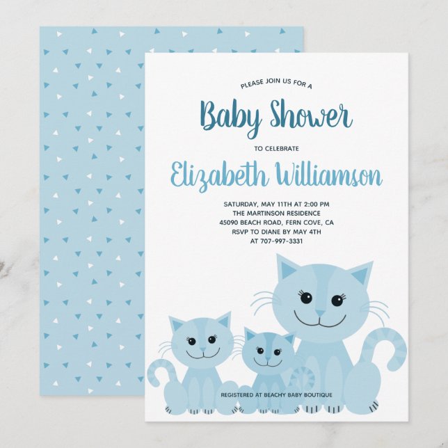 Invitación Gato Kitty Cute Blue Kitten Boy Baby Shower modern (Anverso / Reverso)
