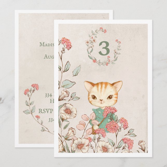 Invitación Gato Kitty Floral Girly Kitten tercer cumpleaños (Anverso / Reverso)